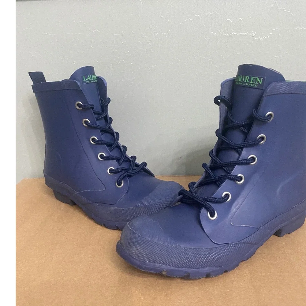 Lauren Ralph Lauren Mikenna-Bo-Ra Navy Blue Rubber Lace Up Rain Boots Womens 6B